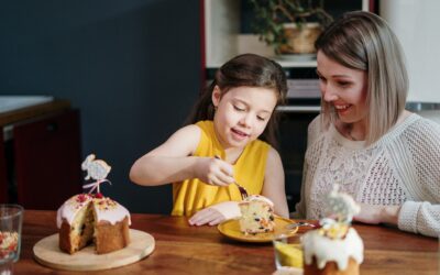 mother and child with cake