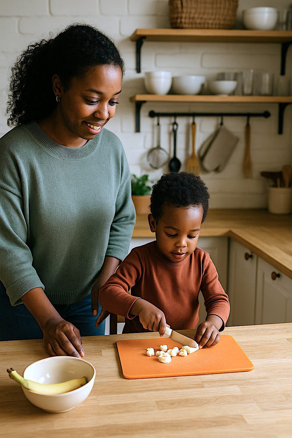 mom teaching child to cut up food mom and son