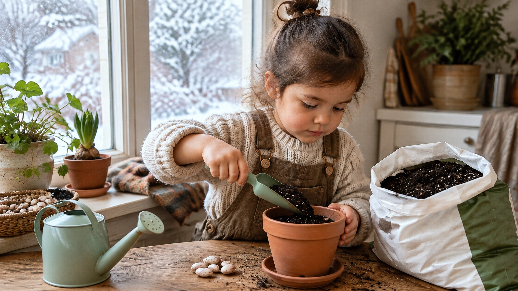 child potting indoors
