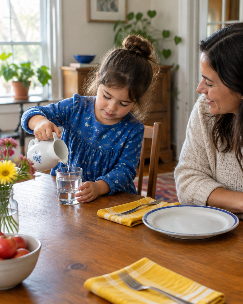 mom and child pouring water